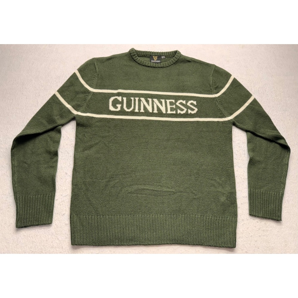 Guinness Mens Green Knit Sweater Logo Graphic Pullover Large Traditional Craft